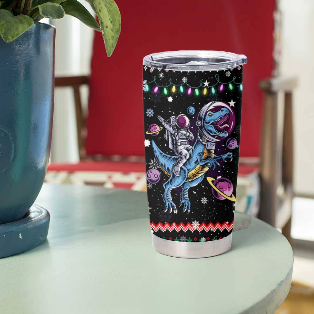 Astronauts Ride A T Rex In Space With The Planet Christmas Tumbler Cup Xmas Holiday Patterns - Wonder Print Shop