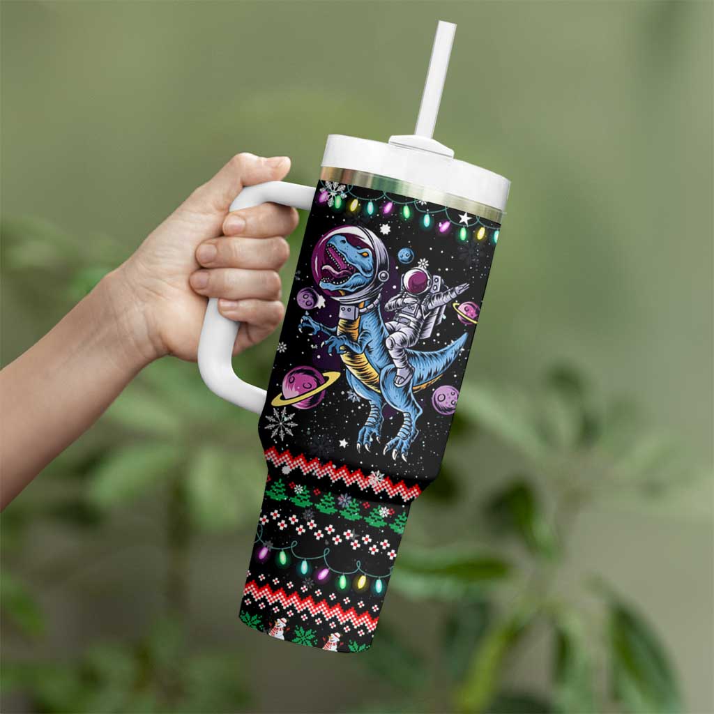 Astronauts Ride A T Rex In Space With The Planet Christmas Tumbler With Handle Xmas Holiday Patterns - Wonder Print Shop
