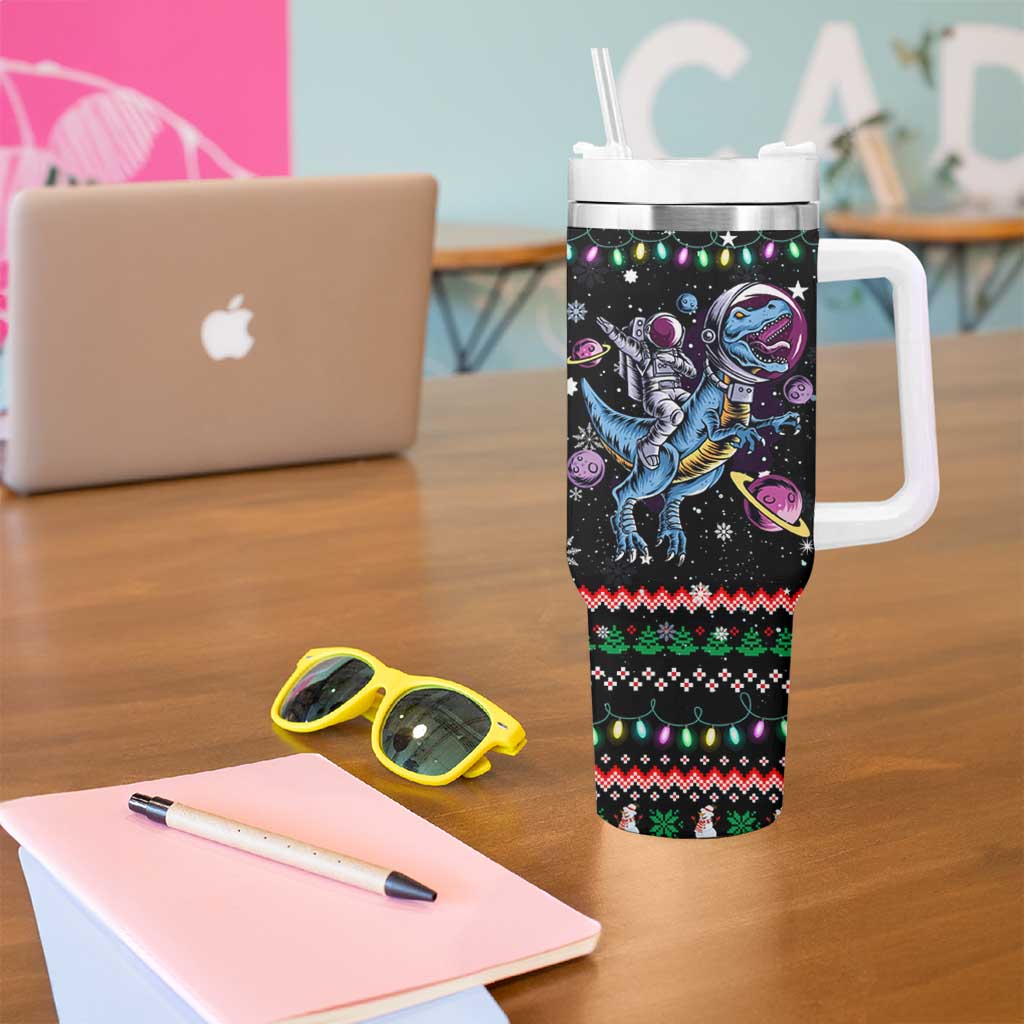 Astronauts Ride A T Rex In Space With The Planet Christmas Tumbler With Handle Xmas Holiday Patterns - Wonder Print Shop
