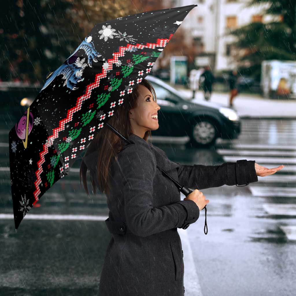 Astronauts Ride A T Rex In Space With The Planet Christmas Umbrella Xmas Holiday Patterns - Wonder Print Shop