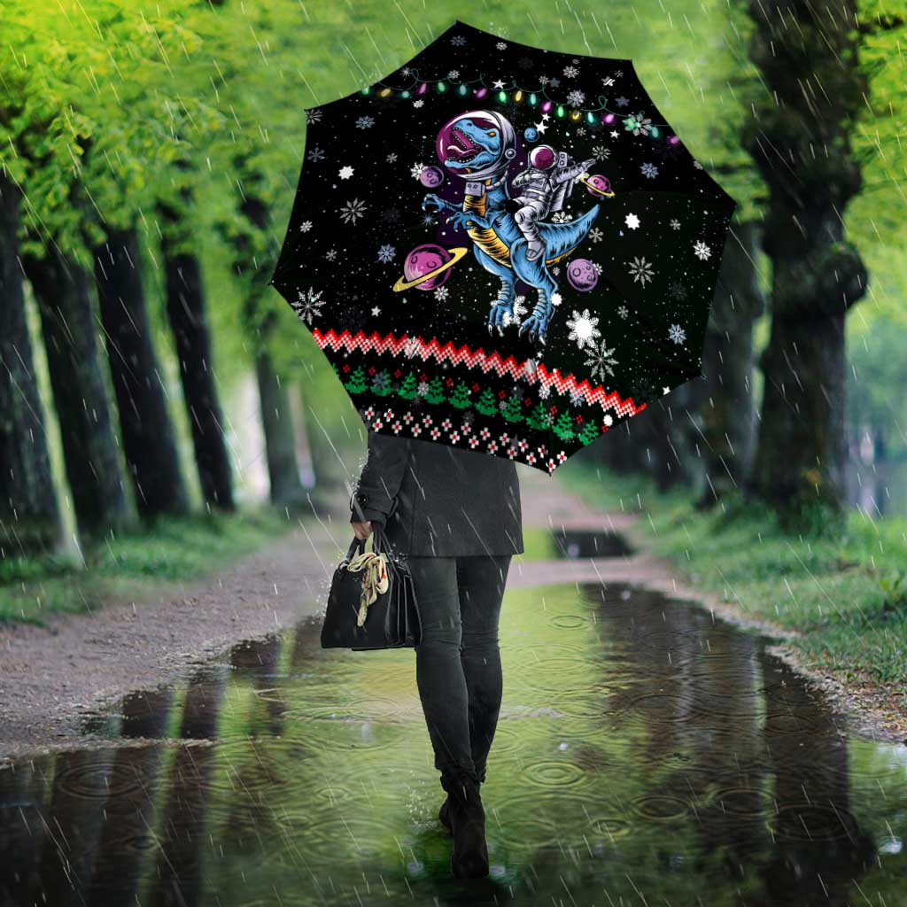 Astronauts Ride A T Rex In Space With The Planet Christmas Umbrella Xmas Holiday Patterns - Wonder Print Shop