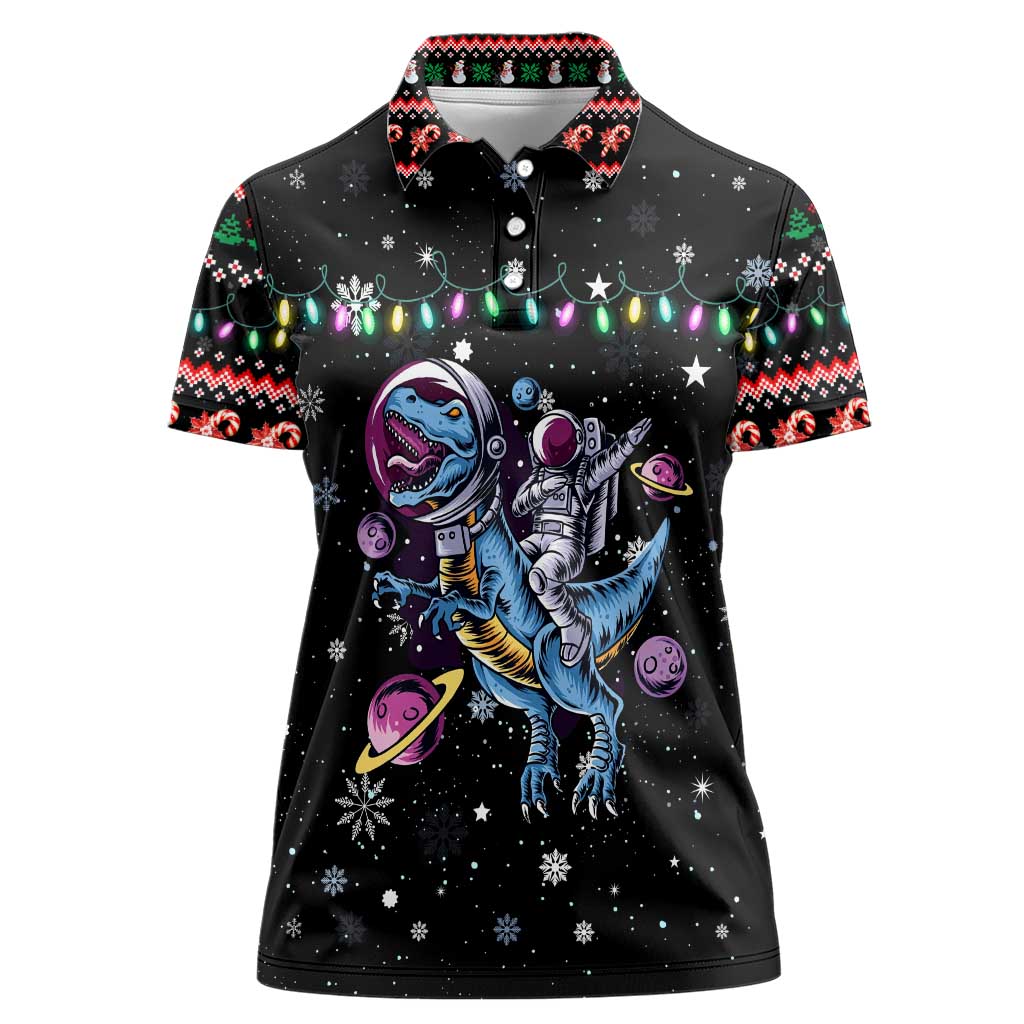 Astronauts Ride A T Rex In Space With The Planet Christmas Women Polo Shirt Xmas Holiday Patterns - Wonder Print Shop