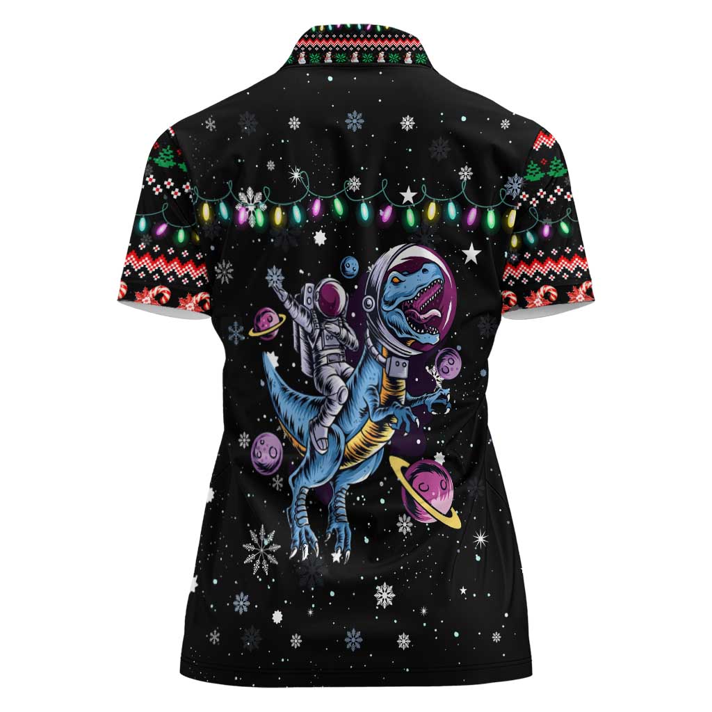 Astronauts Ride A T Rex In Space With The Planet Christmas Women Polo Shirt Xmas Holiday Patterns - Wonder Print Shop