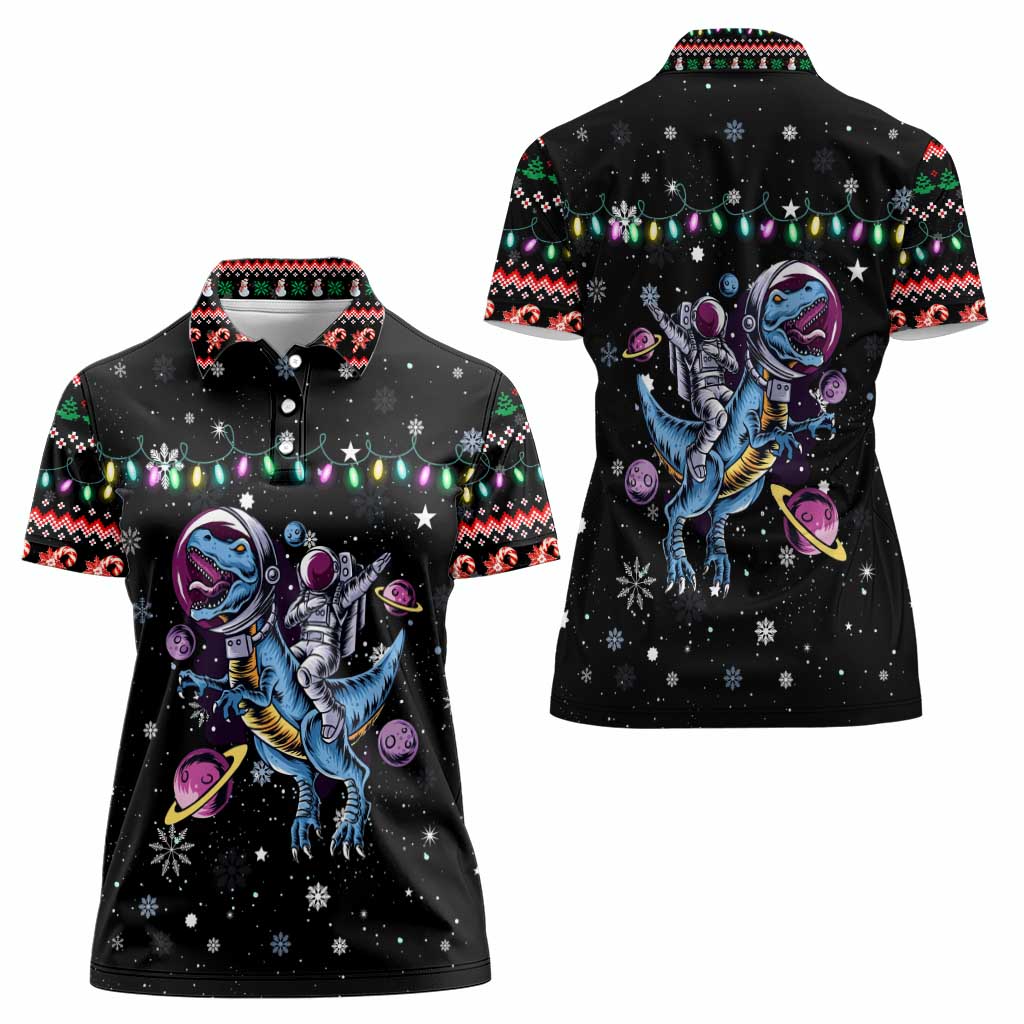 Astronauts Ride A T Rex In Space With The Planet Christmas Women Polo Shirt Xmas Holiday Patterns - Wonder Print Shop