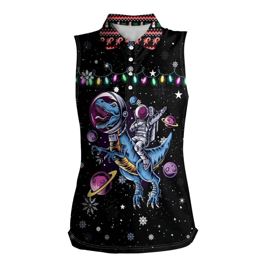 Astronauts Ride A T Rex In Space With The Planet Christmas Women Sleeveless Polo Shirt Xmas Holiday Patterns - Wonder Print Shop
