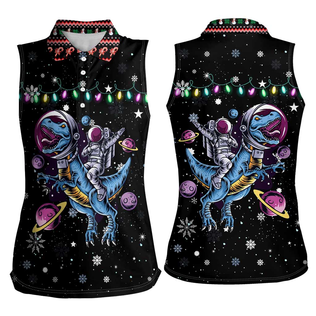 Astronauts Ride A T Rex In Space With The Planet Christmas Women Sleeveless Polo Shirt Xmas Holiday Patterns - Wonder Print Shop