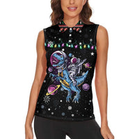 Astronauts Ride A T Rex In Space With The Planet Christmas Women Sleeveless Polo Shirt Xmas Holiday Patterns - Wonder Print Shop