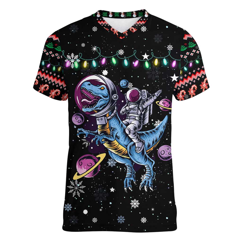 Astronauts Ride A T Rex In Space With The Planet Christmas Women V-Neck T-Shirt Xmas Holiday Patterns - Wonder Print Shop