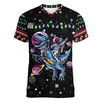Astronauts Ride A T Rex In Space With The Planet Christmas Women V-Neck T-Shirt Xmas Holiday Patterns - Wonder Print Shop