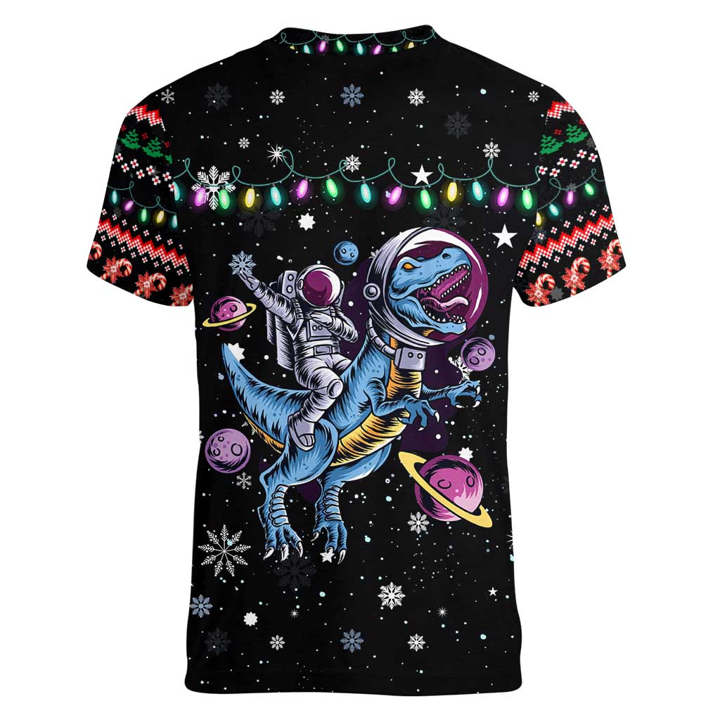 Astronauts Ride A T Rex In Space With The Planet Christmas Women V-Neck T-Shirt Xmas Holiday Patterns - Wonder Print Shop