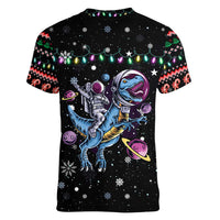 Astronauts Ride A T Rex In Space With The Planet Christmas Women V-Neck T-Shirt Xmas Holiday Patterns - Wonder Print Shop