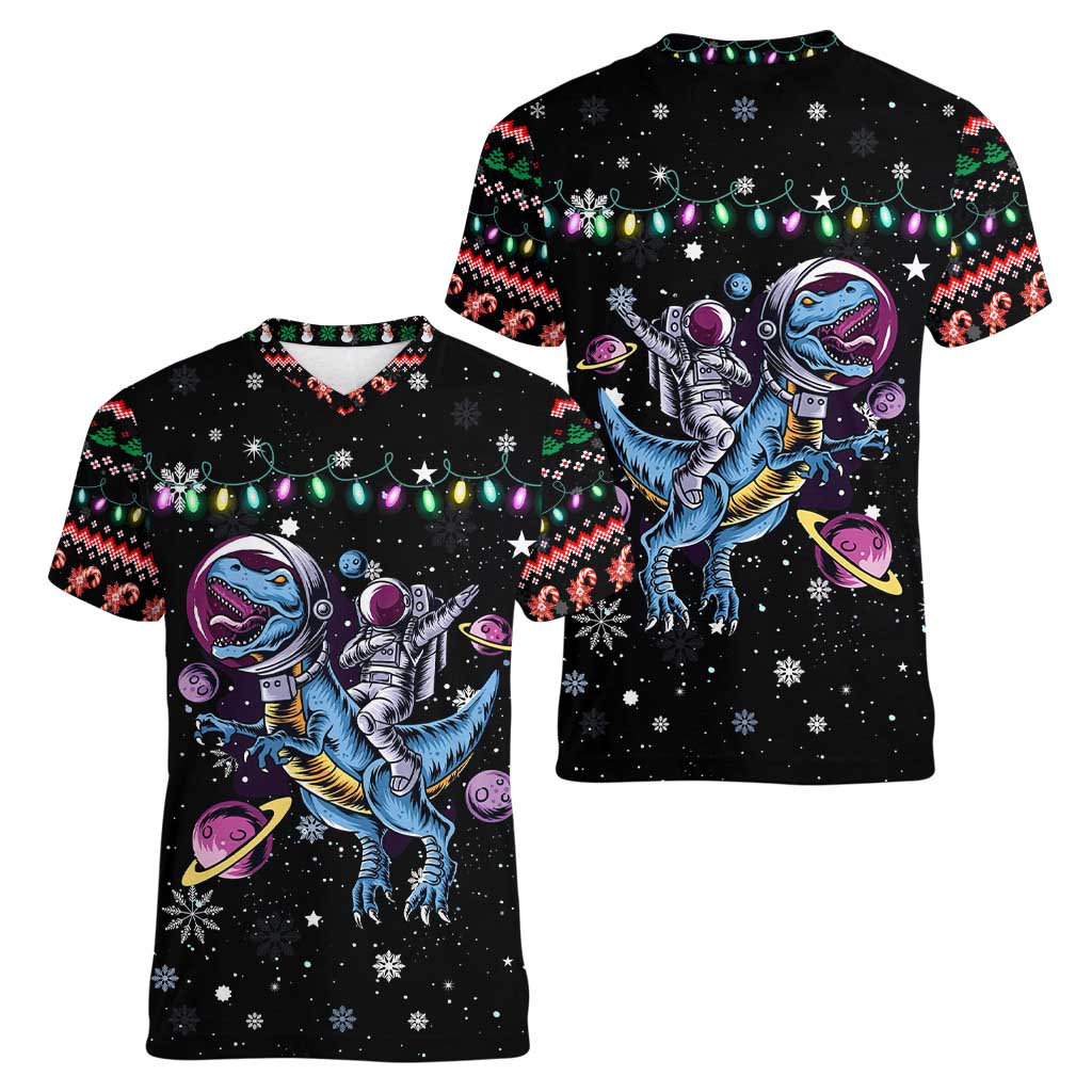 Astronauts Ride A T Rex In Space With The Planet Christmas Women V-Neck T-Shirt Xmas Holiday Patterns - Wonder Print Shop