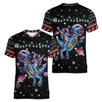 Astronauts Ride A T Rex In Space With The Planet Christmas Women V-Neck T-Shirt Xmas Holiday Patterns - Wonder Print Shop