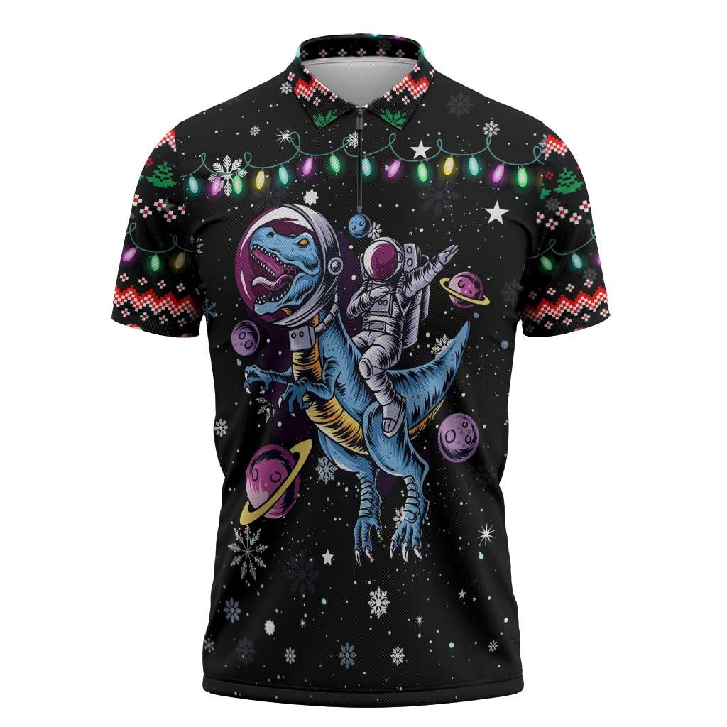 Astronauts Ride A T Rex In Space With The Planet Christmas Zipper Polo Shirt Xmas Holiday Patterns - Wonder Print Shop
