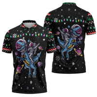 Astronauts Ride A T Rex In Space With The Planet Christmas Zipper Polo Shirt Xmas Holiday Patterns - Wonder Print Shop