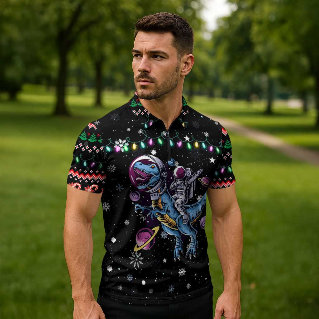 Astronauts Ride A T Rex In Space With The Planet Christmas Zipper Polo Shirt Xmas Holiday Patterns - Wonder Print Shop