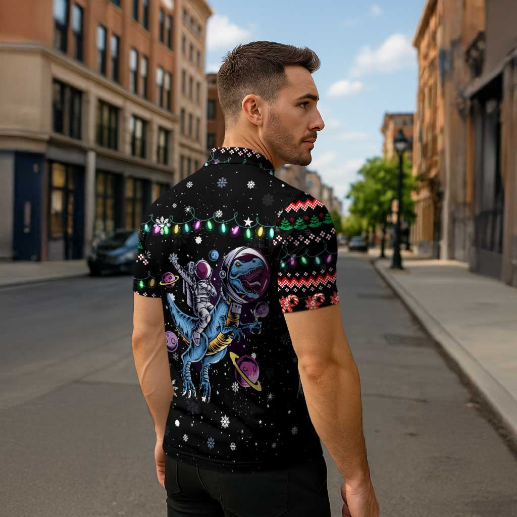 Astronauts Ride A T Rex In Space With The Planet Christmas Zipper Polo Shirt Xmas Holiday Patterns - Wonder Print Shop