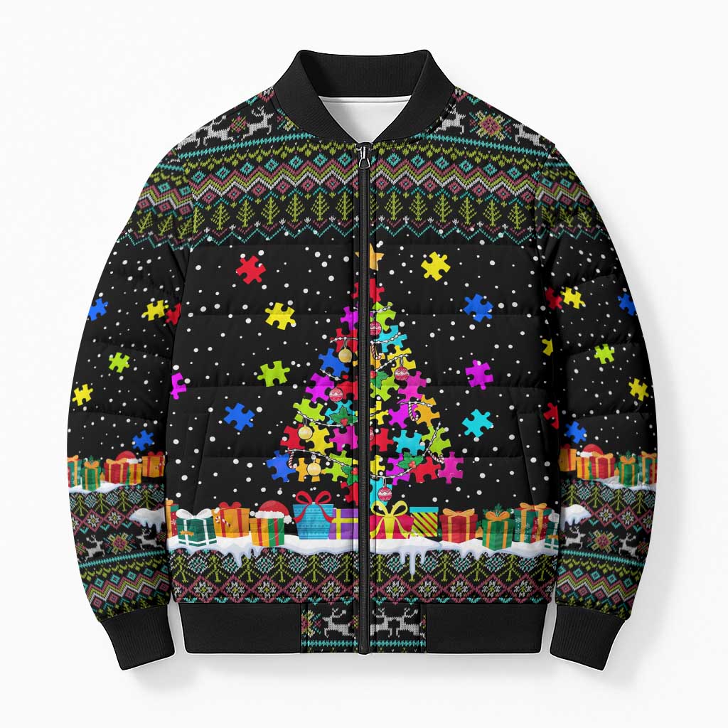 Autism Pine Christmas Bomber Puffer Jacket Xmas Holiday Patterns - Wonder Print Shop