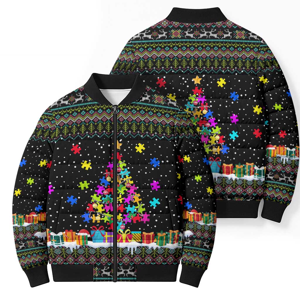 Autism Pine Christmas Bomber Puffer Jacket Xmas Holiday Patterns - Wonder Print Shop