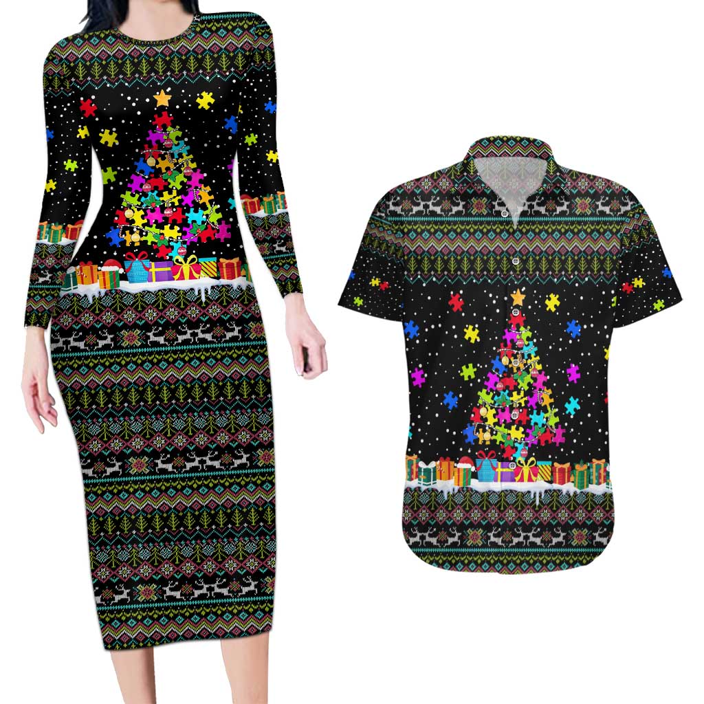 Autism Pine Christmas Couples Matching Long Sleeve Bodycon Dress and Hawaiian Shirt Xmas Holiday Patterns - Wonder Print Shop