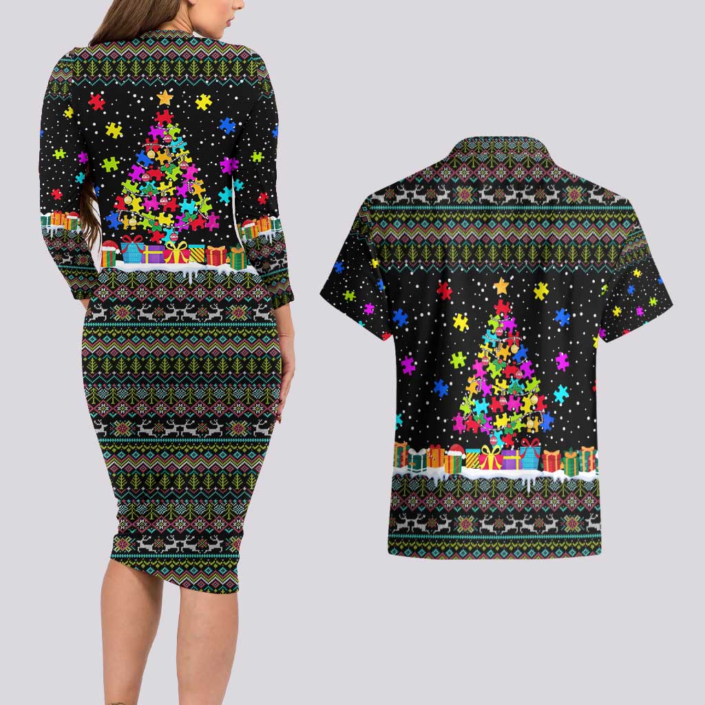 Autism Pine Christmas Couples Matching Long Sleeve Bodycon Dress and Hawaiian Shirt Xmas Holiday Patterns - Wonder Print Shop