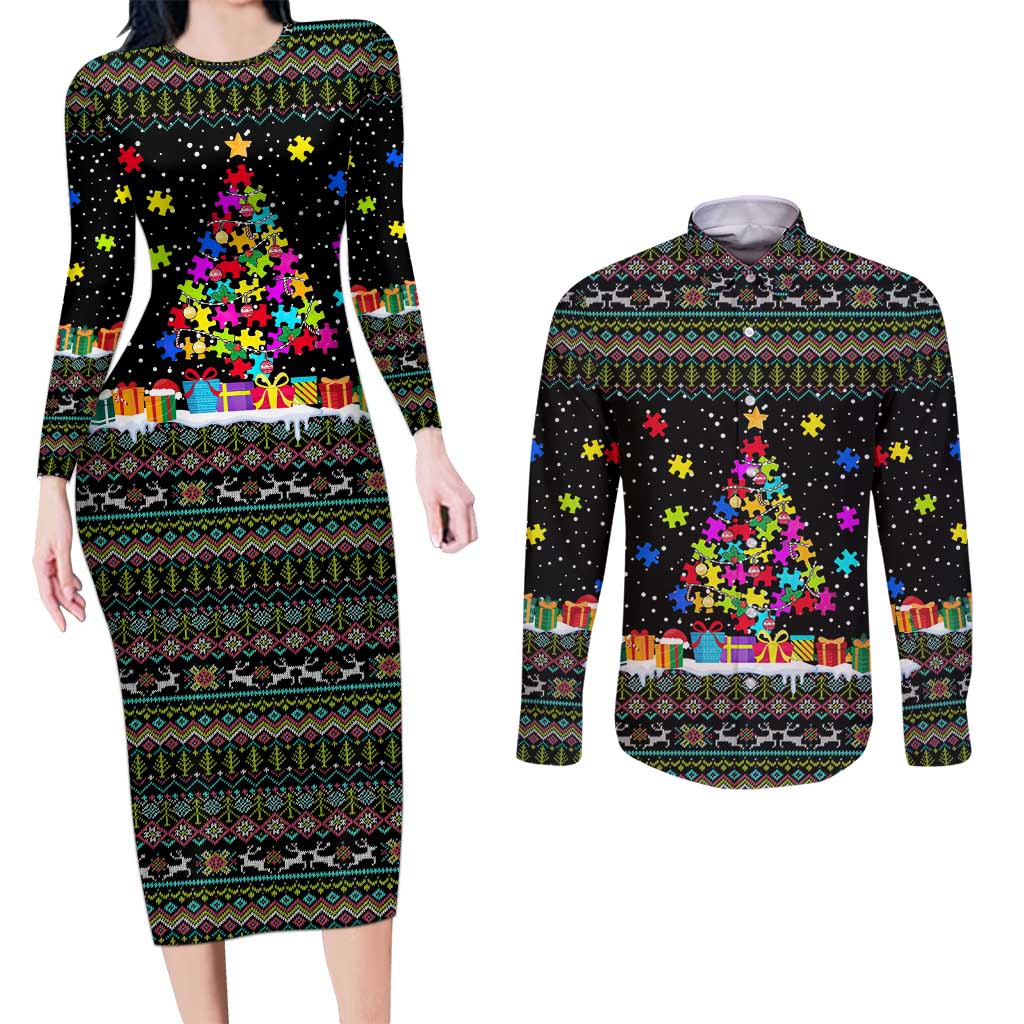 Autism Pine Christmas Couples Matching Long Sleeve Bodycon Dress and Long Sleeve Button Shirt Xmas Holiday Patterns - Wonder Print Shop