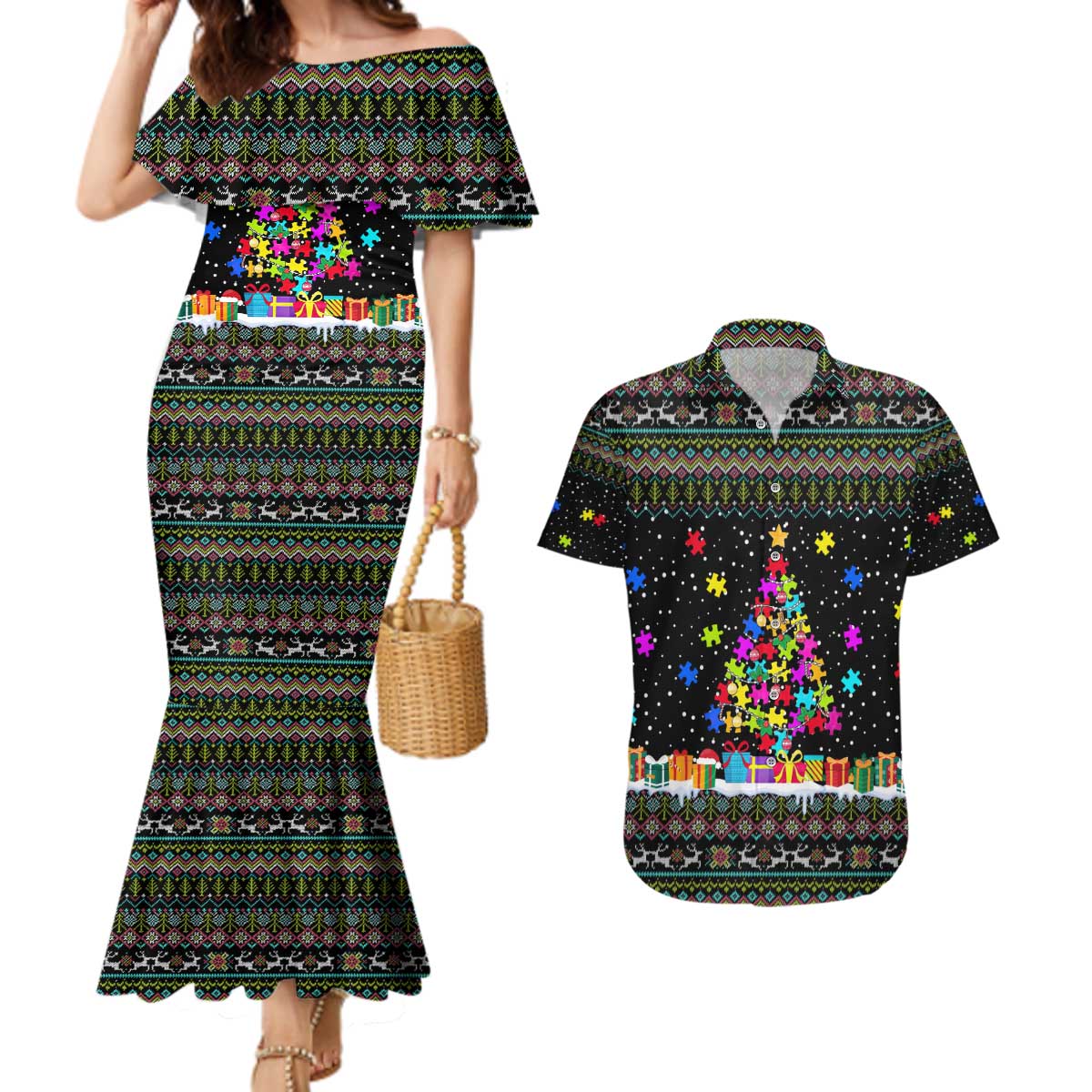 Autism Pine Christmas Couples Matching Mermaid Dress and Hawaiian Shirt Xmas Holiday Patterns - Wonder Print Shop