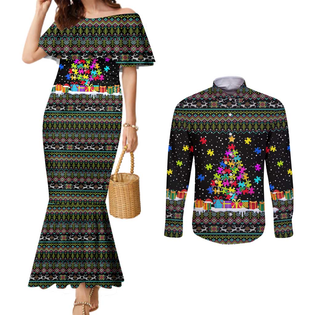 Autism Pine Christmas Couples Matching Mermaid Dress and Long Sleeve Button Shirt Xmas Holiday Patterns - Wonder Print Shop
