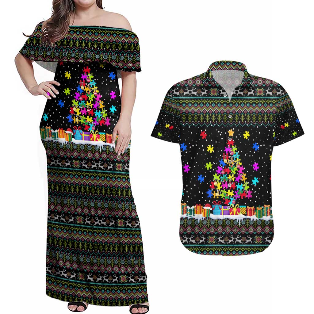 Autism Pine Christmas Couples Matching Off Shoulder Maxi Dress and Hawaiian Shirt Xmas Holiday Patterns - Wonder Print Shop