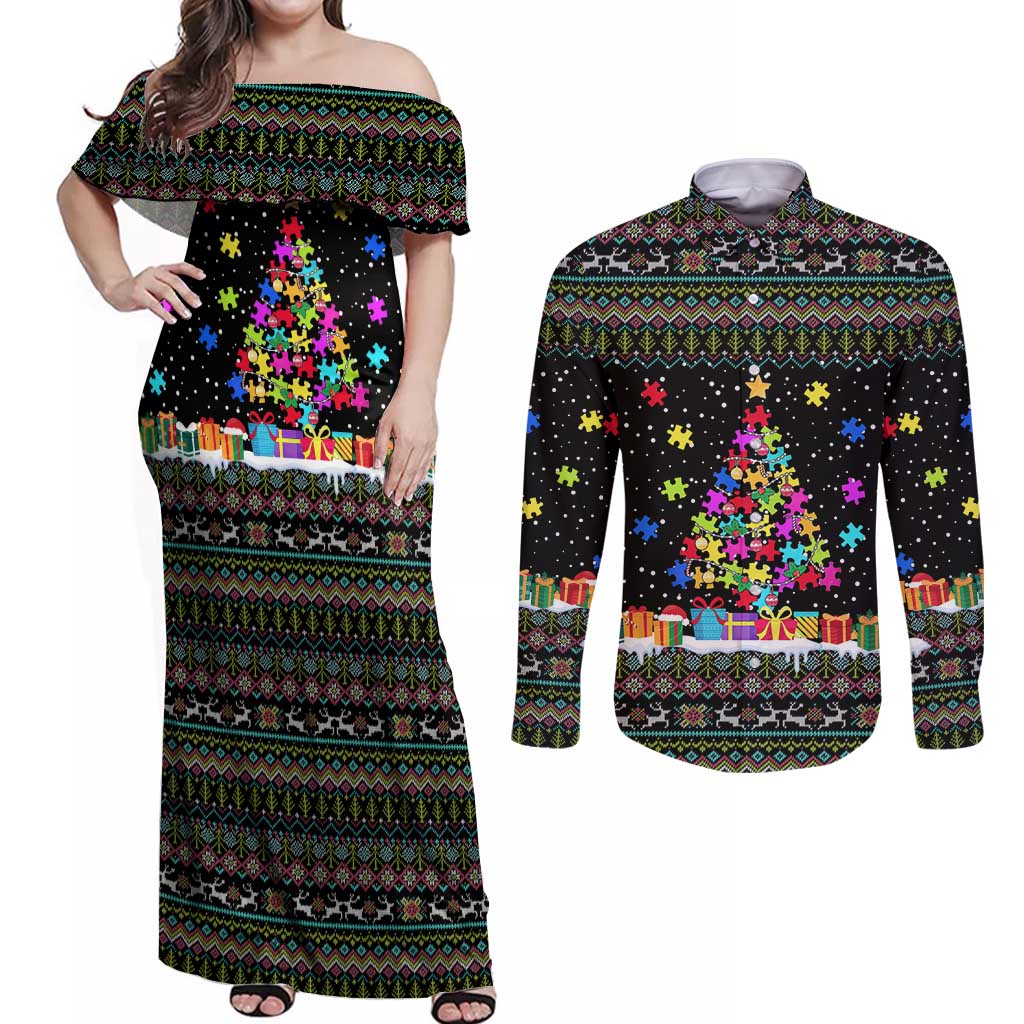 Autism Pine Christmas Couples Matching Off Shoulder Maxi Dress and Long Sleeve Button Shirt Xmas Holiday Patterns - Wonder Print Shop