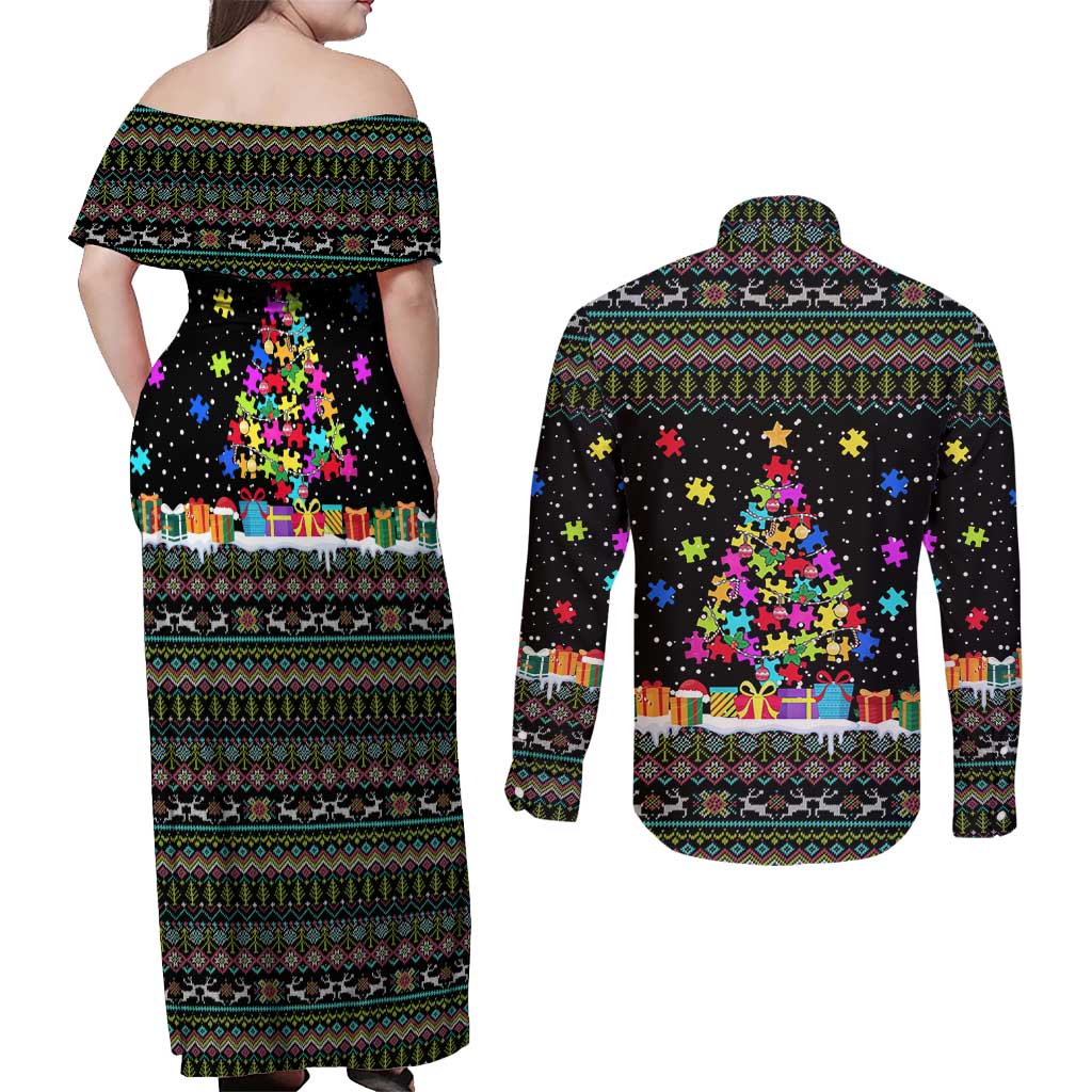 Autism Pine Christmas Couples Matching Off Shoulder Maxi Dress and Long Sleeve Button Shirt Xmas Holiday Patterns - Wonder Print Shop