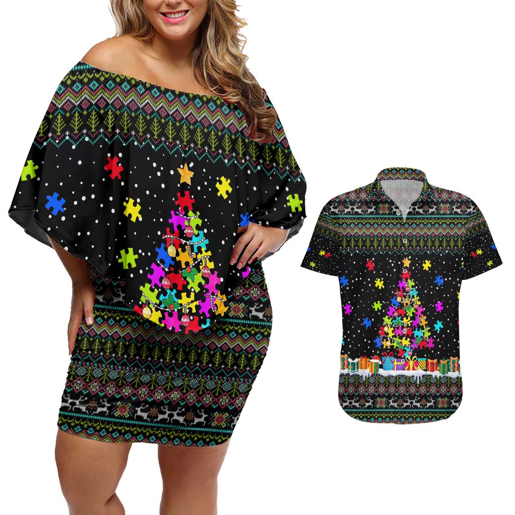 Autism Pine Christmas Couples Matching Off Shoulder Short Dress and Hawaiian Shirt Xmas Holiday Patterns - Wonder Print Shop