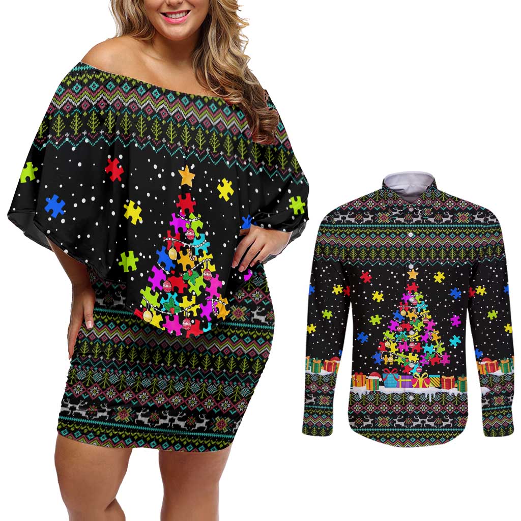 Autism Pine Christmas Couples Matching Off Shoulder Short Dress and Long Sleeve Button Shirt Xmas Holiday Patterns - Wonder Print Shop