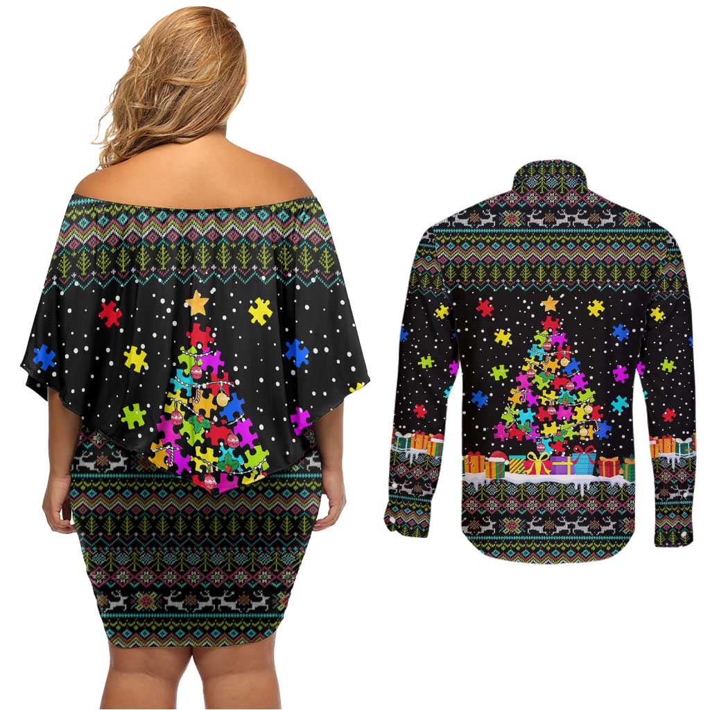 Autism Pine Christmas Couples Matching Off Shoulder Short Dress and Long Sleeve Button Shirt Xmas Holiday Patterns - Wonder Print Shop