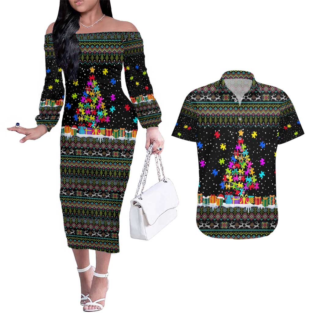 Autism Pine Christmas Couples Matching Off The Shoulder Long Sleeve Dress and Hawaiian Shirt Xmas Holiday Patterns - Wonder Print Shop
