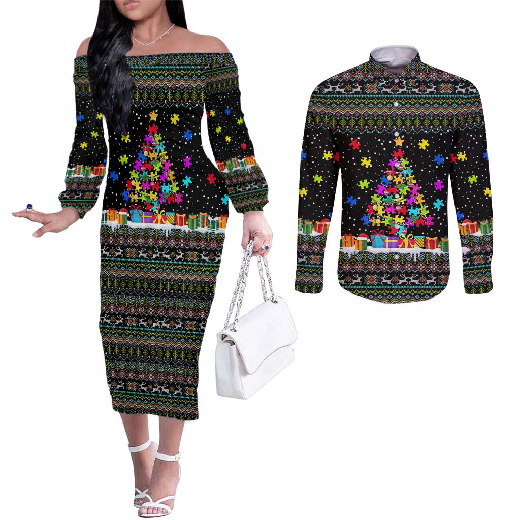 Autism Pine Christmas Couples Matching Off The Shoulder Long Sleeve Dress and Long Sleeve Button Shirt Xmas Holiday Patterns - Wonder Print Shop