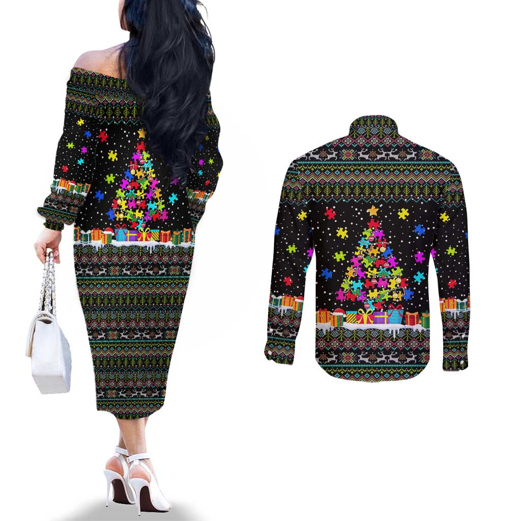 Autism Pine Christmas Couples Matching Off The Shoulder Long Sleeve Dress and Long Sleeve Button Shirt Xmas Holiday Patterns - Wonder Print Shop
