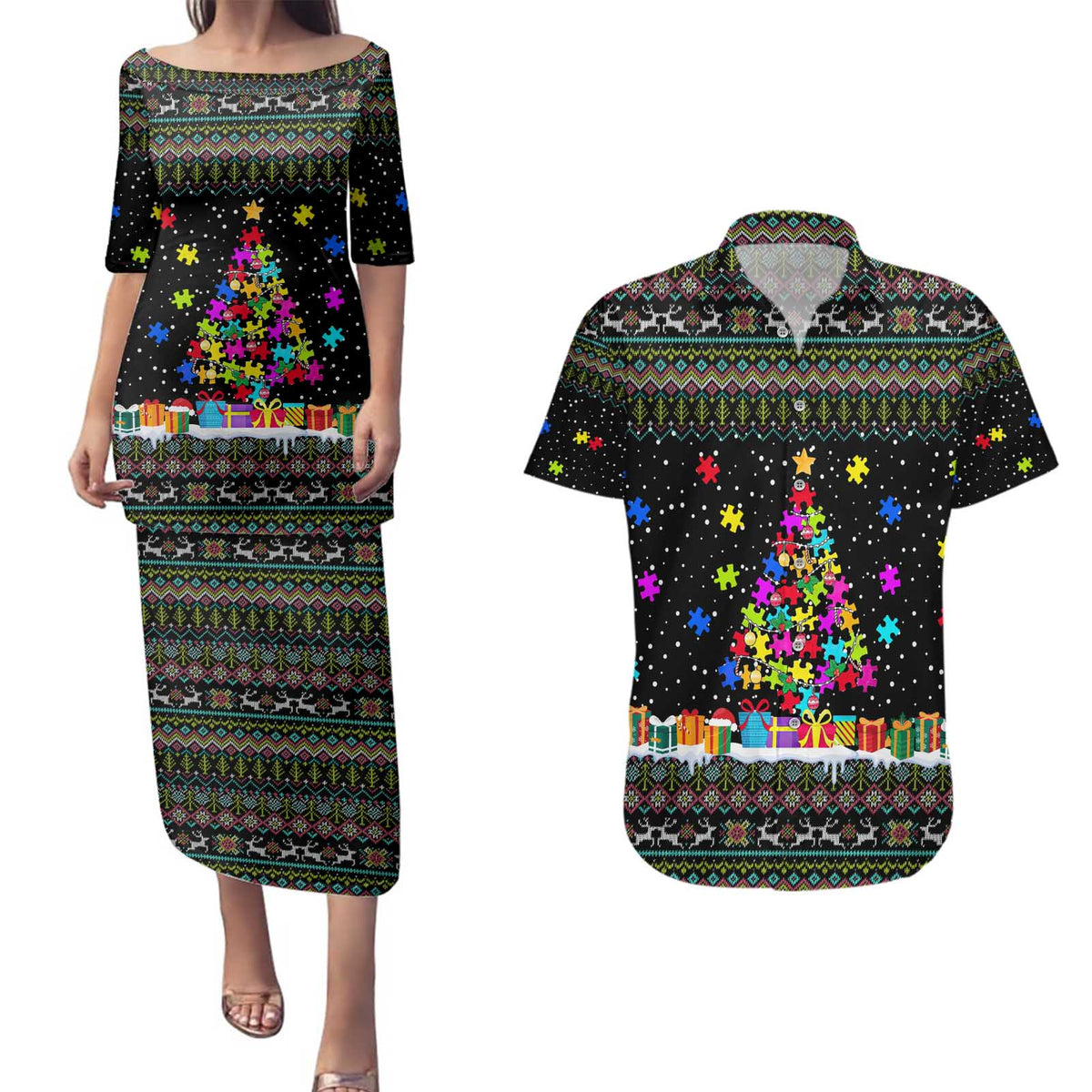 Autism Pine Christmas Couples Matching Puletasi and Hawaiian Shirt Xmas Holiday Patterns - Wonder Print Shop
