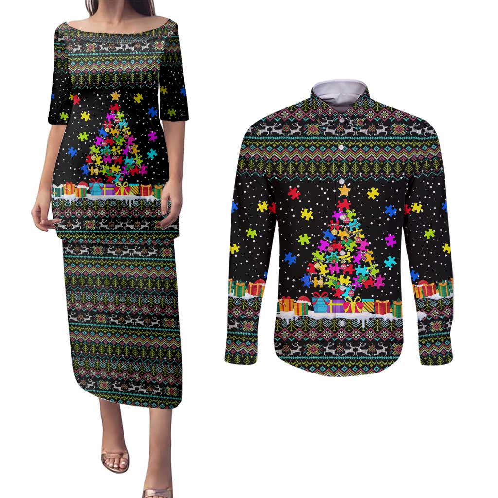 Autism Pine Christmas Couples Matching Puletasi and Long Sleeve Button Shirt Xmas Holiday Patterns - Wonder Print Shop