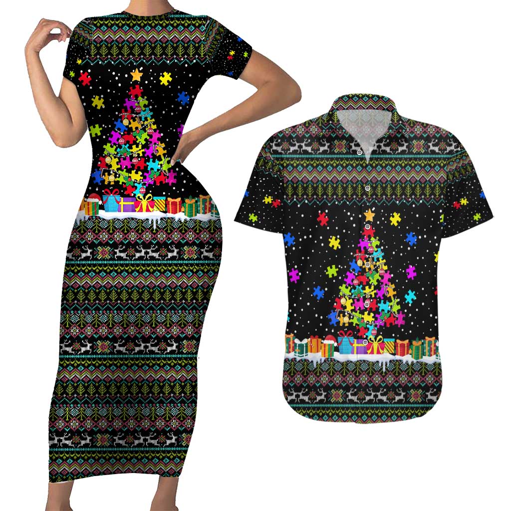 Autism Pine Christmas Couples Matching Short Sleeve Bodycon Dress and Hawaiian Shirt Xmas Holiday Patterns - Wonder Print Shop