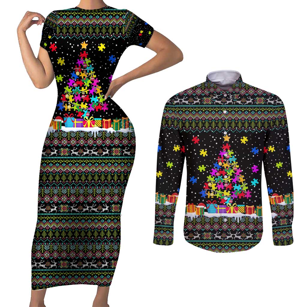 Autism Pine Christmas Couples Matching Short Sleeve Bodycon Dress and Long Sleeve Button Shirt Xmas Holiday Patterns - Wonder Print Shop