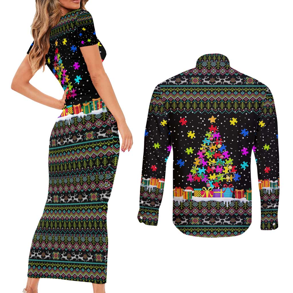 Autism Pine Christmas Couples Matching Short Sleeve Bodycon Dress and Long Sleeve Button Shirt Xmas Holiday Patterns - Wonder Print Shop