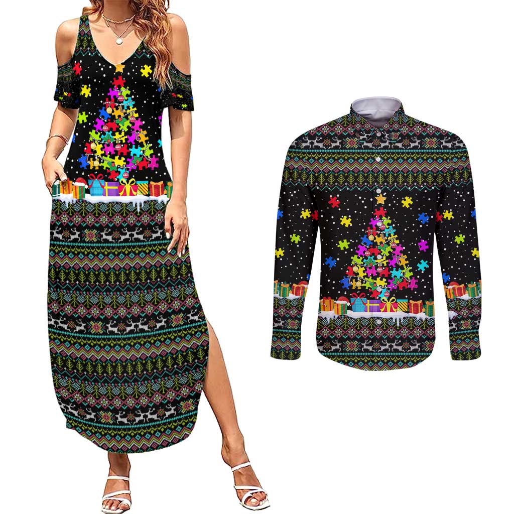Autism Pine Christmas Couples Matching Summer Maxi Dress and Long Sleeve Button Shirt Xmas Holiday Patterns - Wonder Print Shop