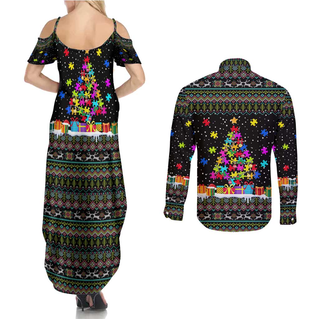 Autism Pine Christmas Couples Matching Summer Maxi Dress and Long Sleeve Button Shirt Xmas Holiday Patterns - Wonder Print Shop