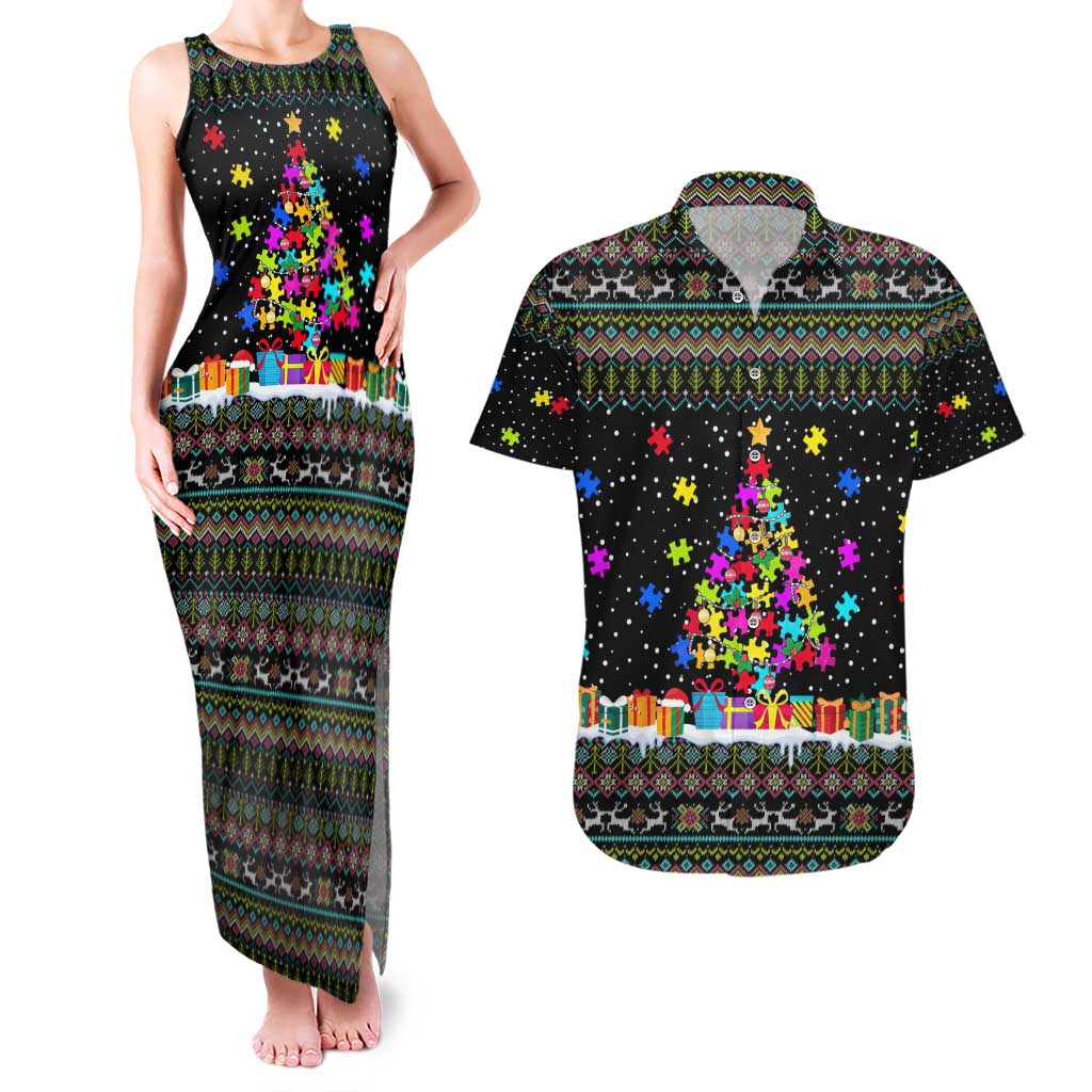 Autism Pine Christmas Couples Matching Tank Maxi Dress and Hawaiian Shirt Xmas Holiday Patterns - Wonder Print Shop