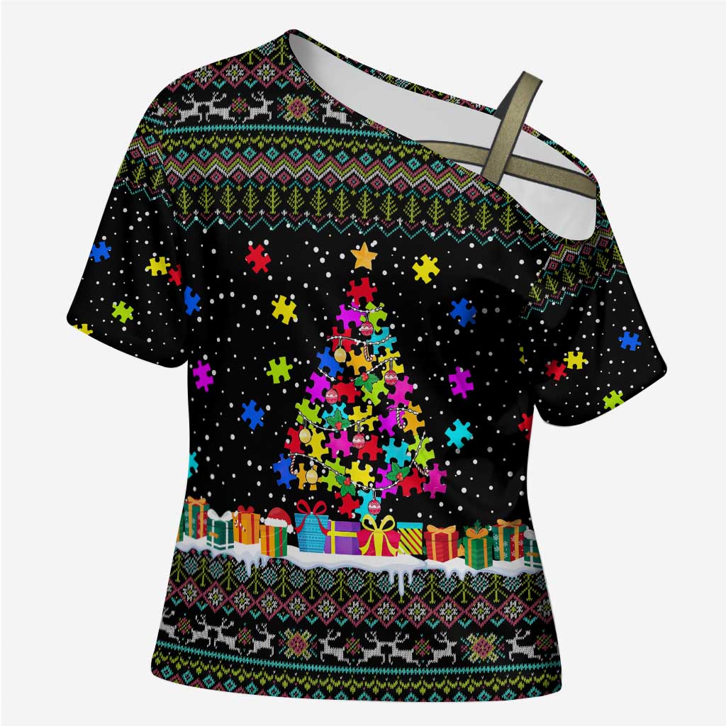 Autism Pine Christmas Cross Shoulder Shirt Xmas Holiday Patterns - Wonder Print Shop