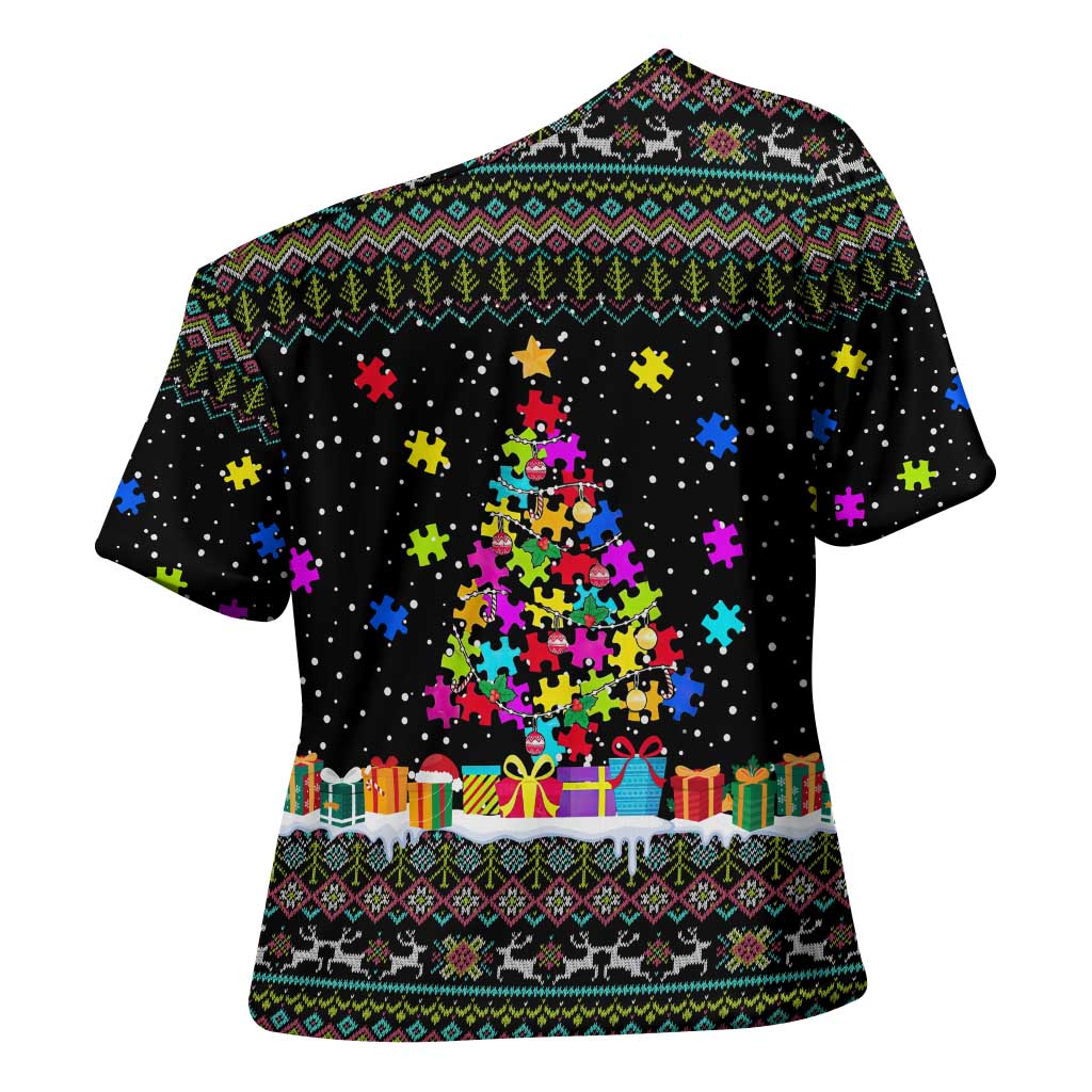 Autism Pine Christmas Cross Shoulder Shirt Xmas Holiday Patterns - Wonder Print Shop