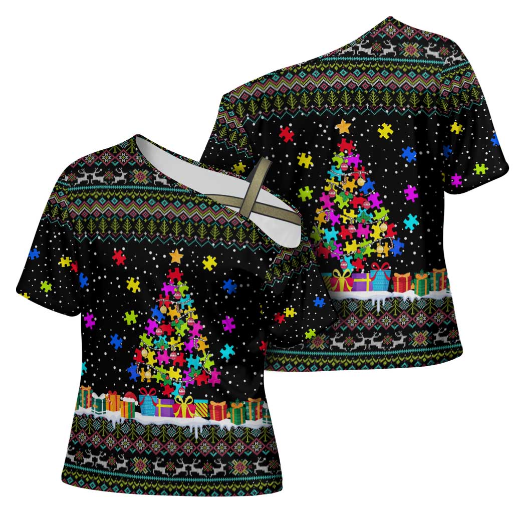 Autism Pine Christmas Cross Shoulder Shirt Xmas Holiday Patterns - Wonder Print Shop