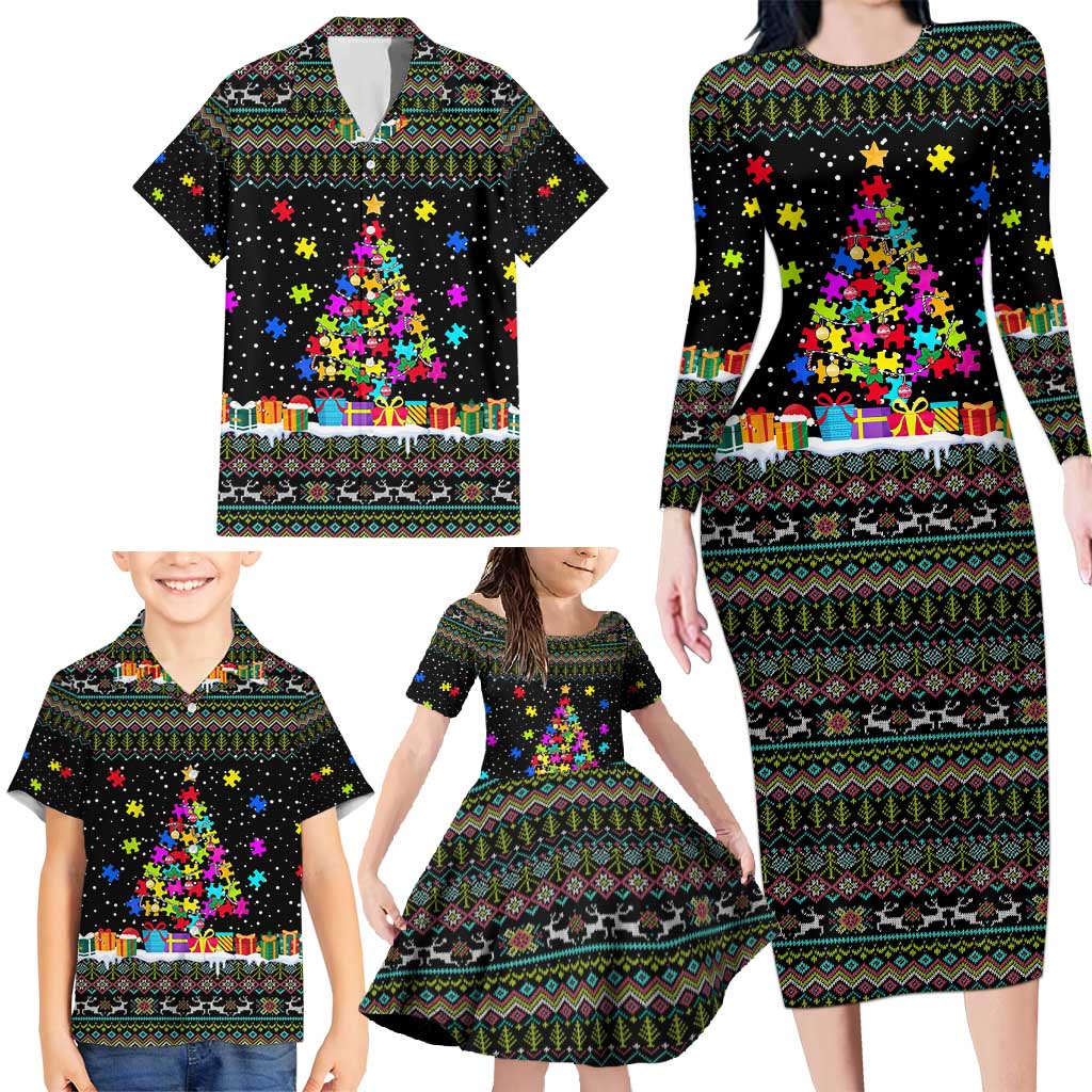 Autism Pine Christmas Family Matching Long Sleeve Bodycon Dress and Hawaiian Shirt Xmas Holiday Patterns - Wonder Print Shop