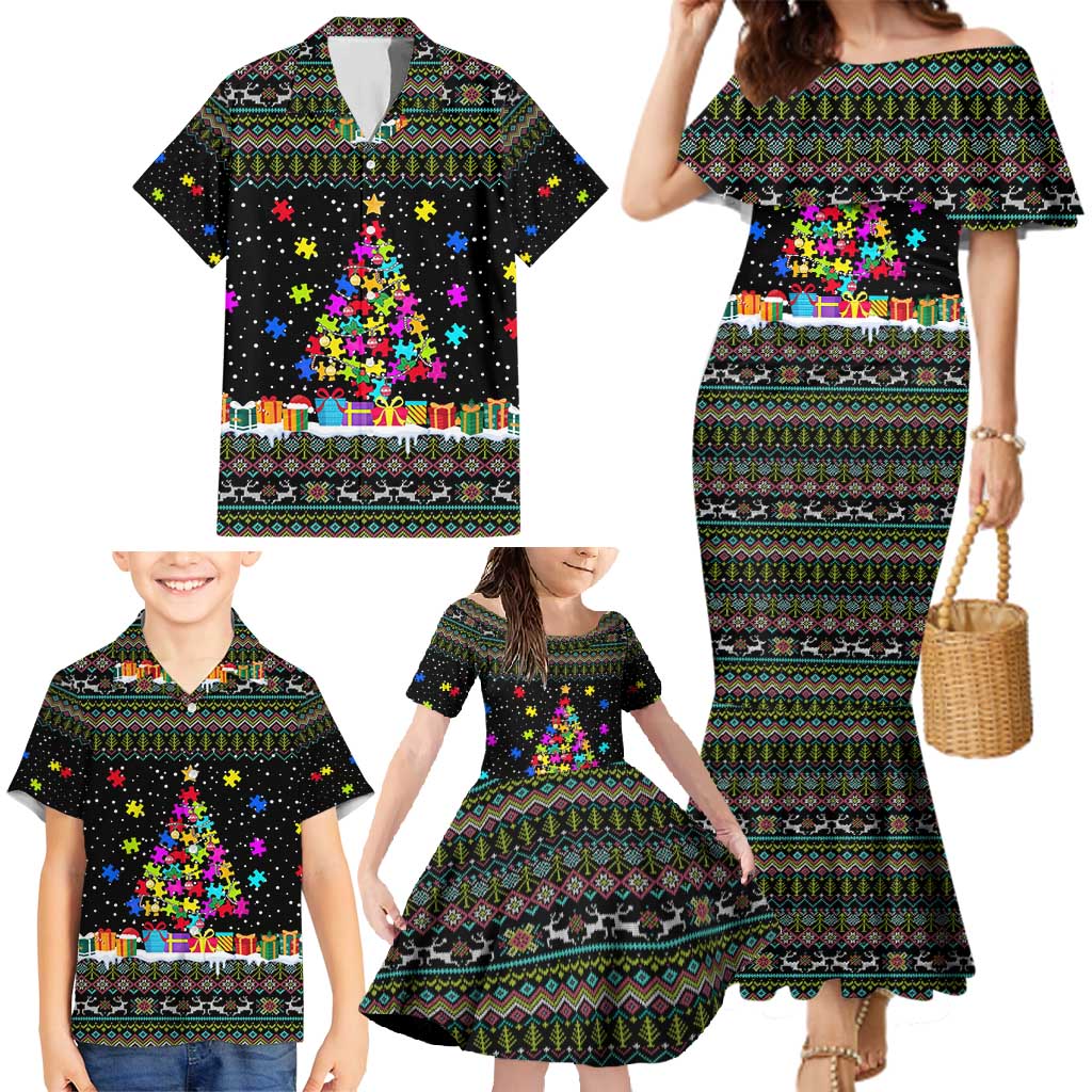 Autism Pine Christmas Family Matching Mermaid Dress and Hawaiian Shirt Xmas Holiday Patterns - Wonder Print Shop